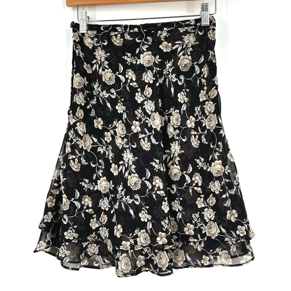 VTG Express Silk Flare Skirt Petite Dark Floral Whimsygoth Fairygrunge Layered - Picture 2 of 6